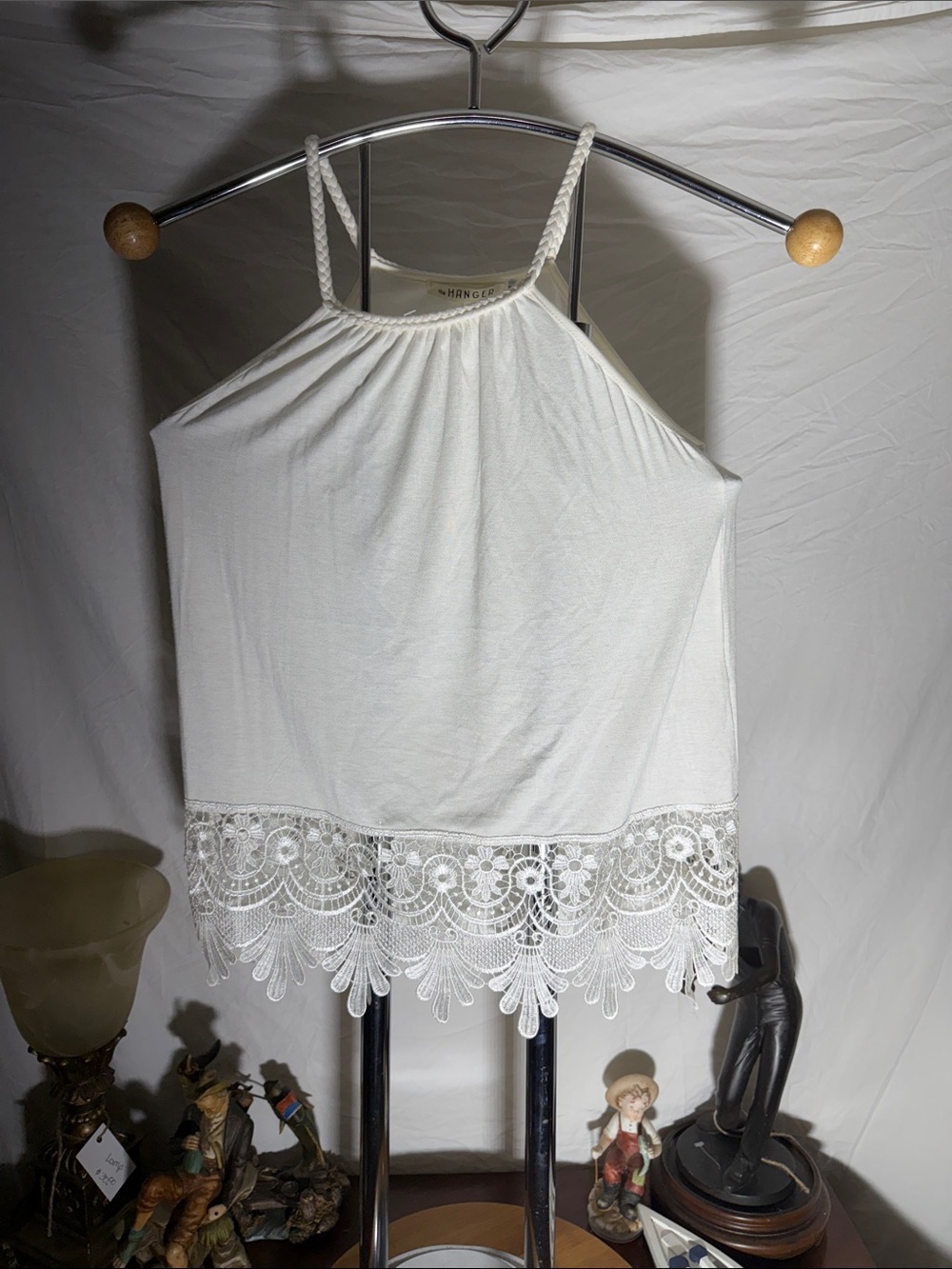 The Hanger White Crochet Hem Halter Tank Top